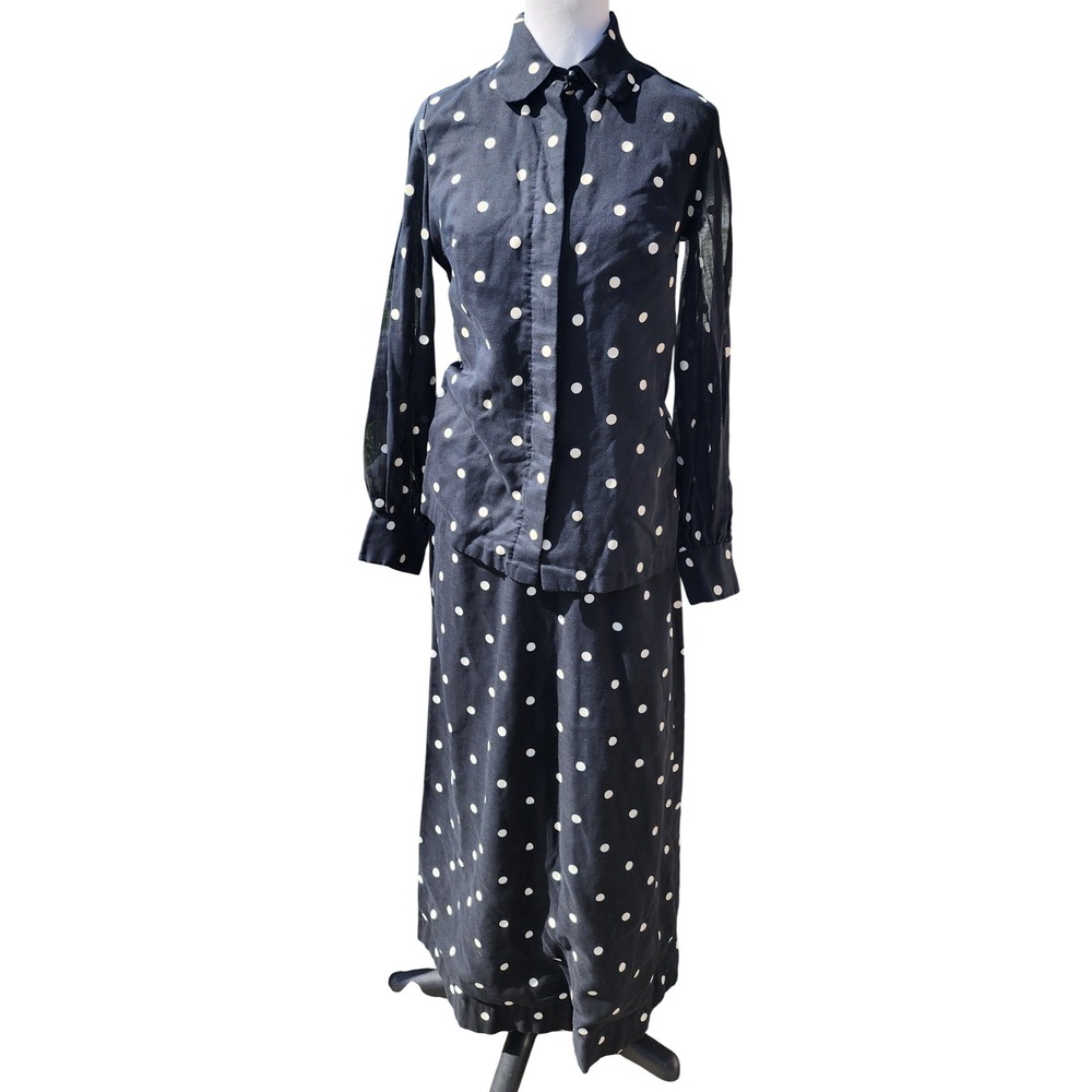 Vintage Personal Leslie Fay Polka Dot Two Piece Set Black White Blouse Pants